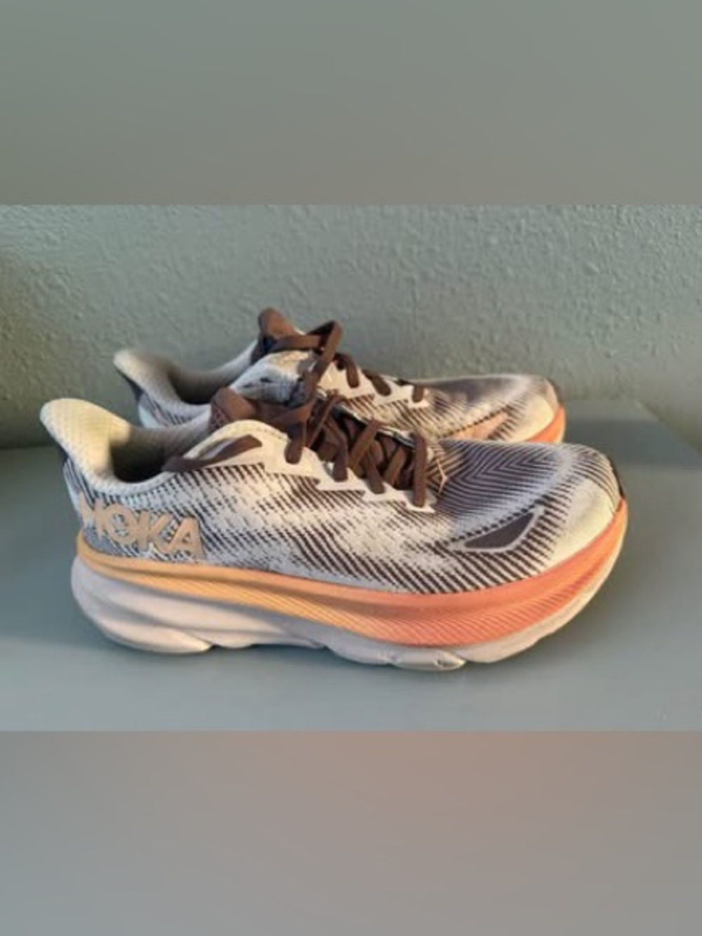 Hoka One One Clifton 9 Gtx Running Shoes in White, Brown & Coral